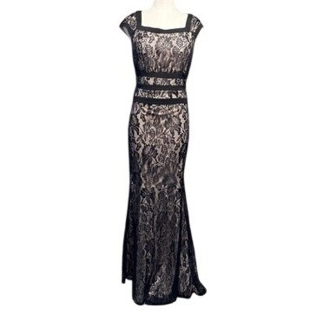 Melrose Lace Maxi Dress Womens 8 Black Tan Square Neck Cap Sleeve Formal Gown